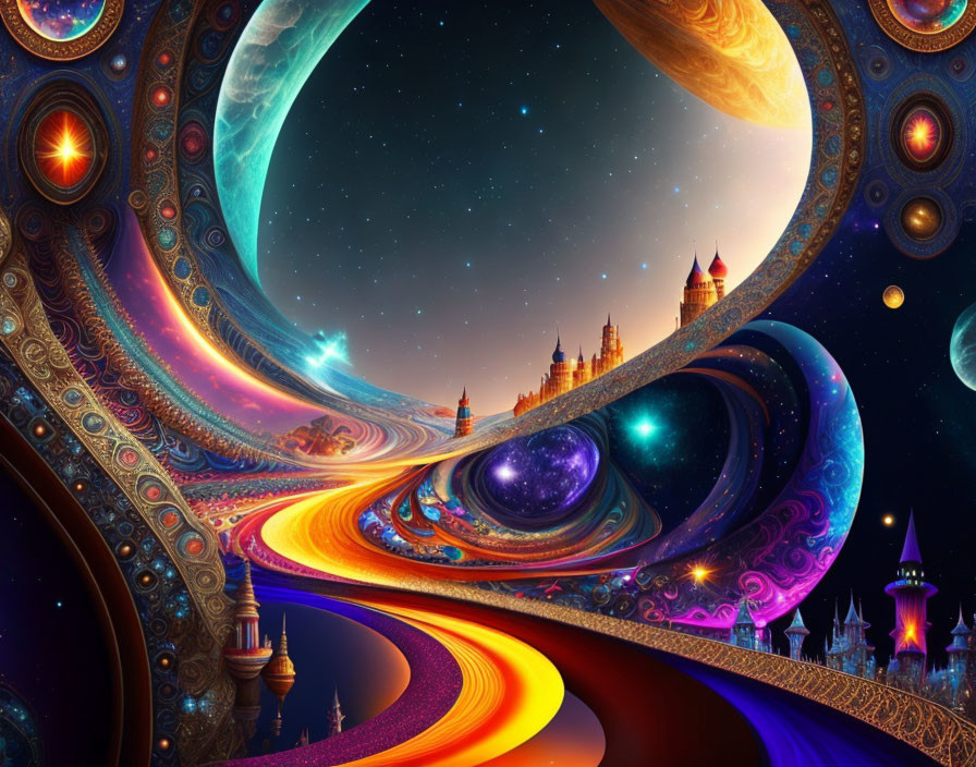 Vibrant cosmic landscape with swirling colors and fantastical castles