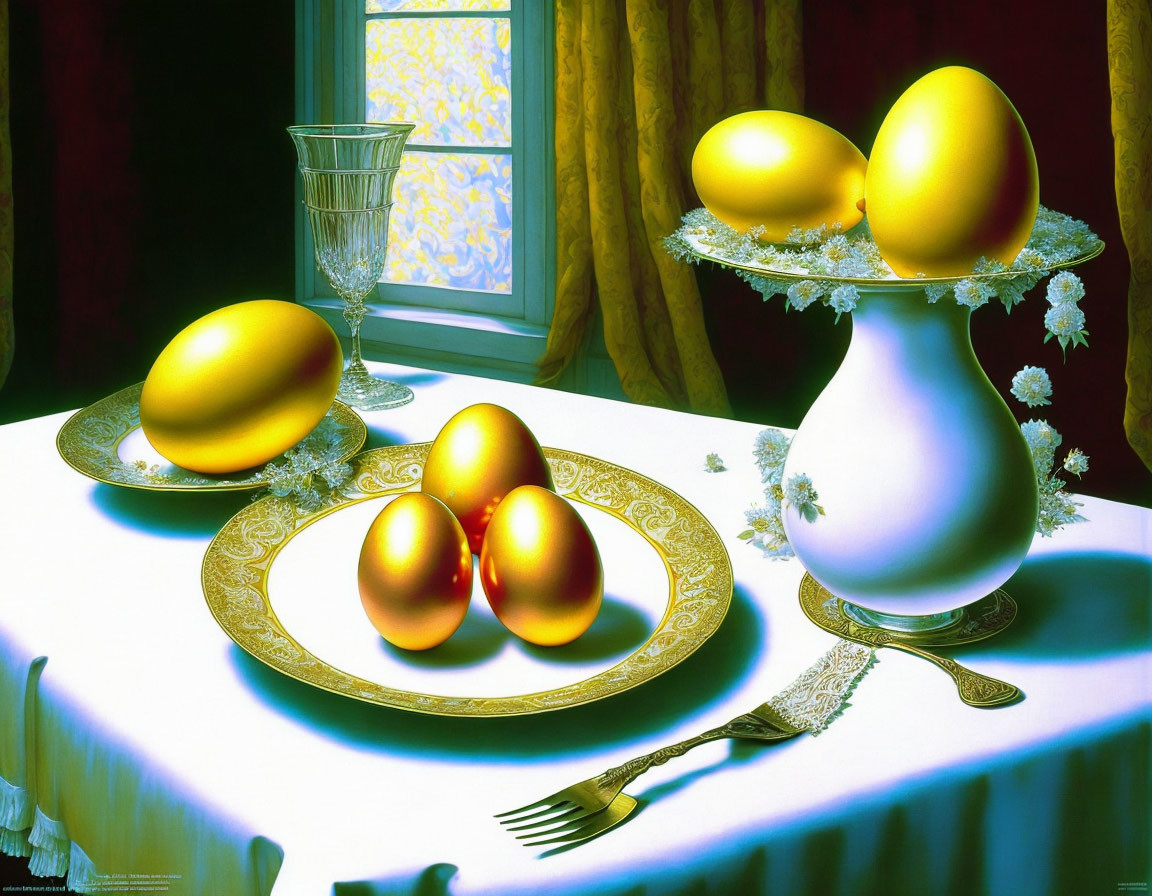 Luxurious setting with golden eggs, white vase, ornate plates, crystal glass, and window view