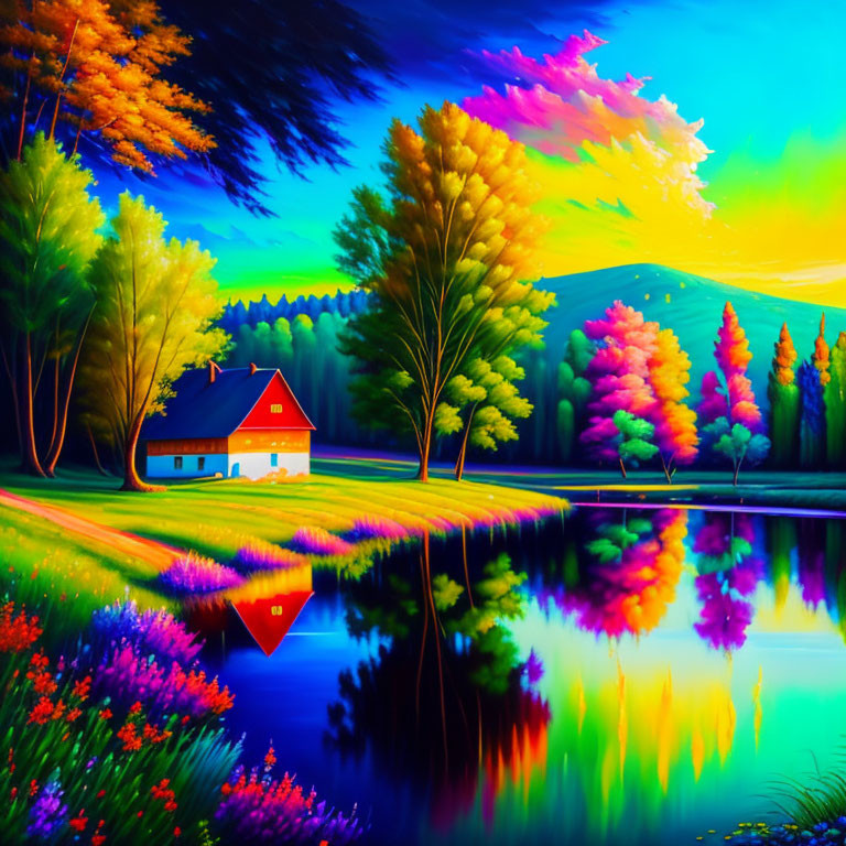 Colorful Lakeside Painting with House and Foliage