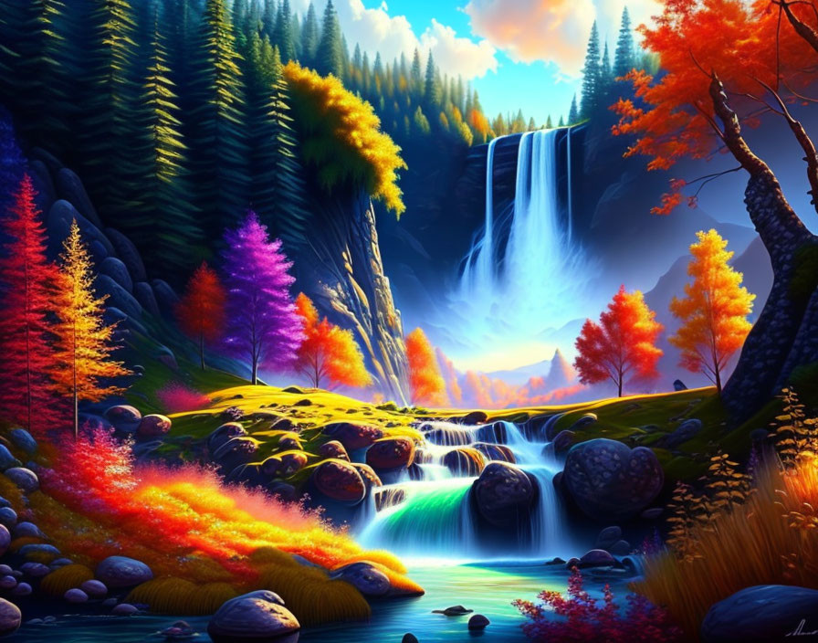 Colorful Fantasy Landscape with Waterfall, Lush Foliage, and River