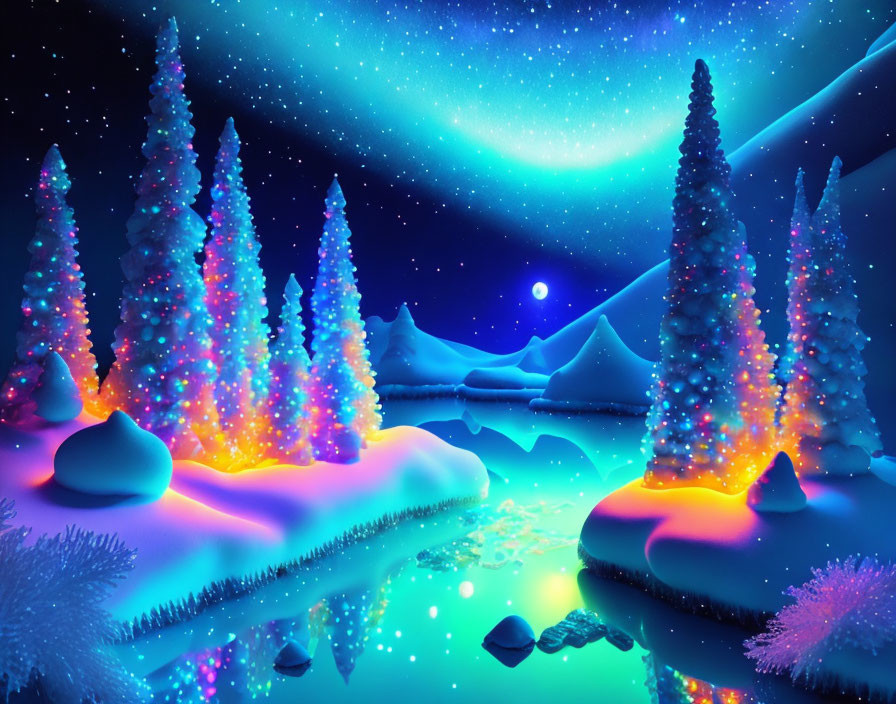 Neon-lit snow-covered trees in digital art winter scene