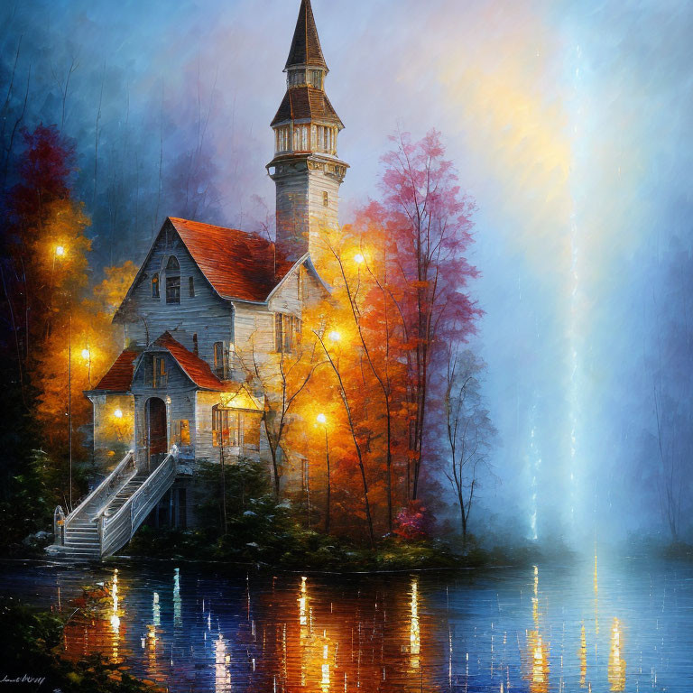 Mystical house with spire near lake in autumn foggy setting
