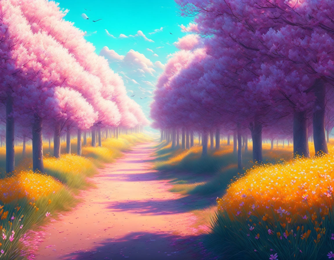 Tranquil Cherry Blossom Path at Sunrise or Sunset