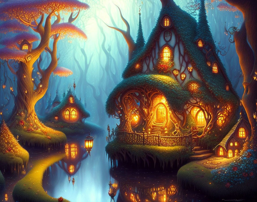 Magical forest scene with glowing treehouses and lantern-lit paths