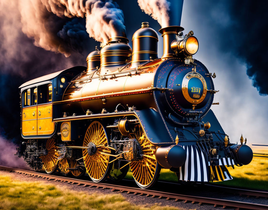 Vintage Steam Locomotive Emitting Smoke on Tracks under Dramatic Sky