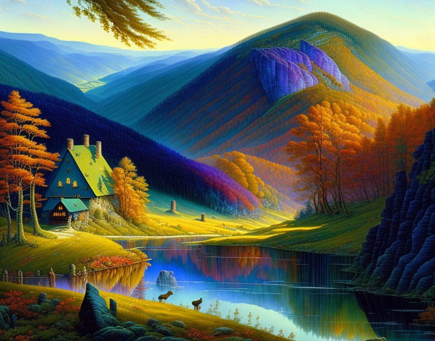 Colorful Autumn Landscape with House by Reflective Lake