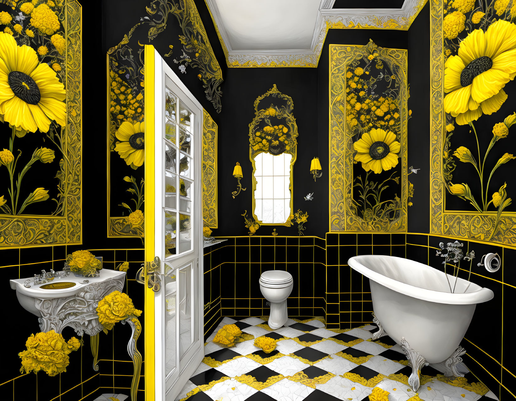 Black Sunflower Motif Bathroom with Checkered Floor & White Fixtures