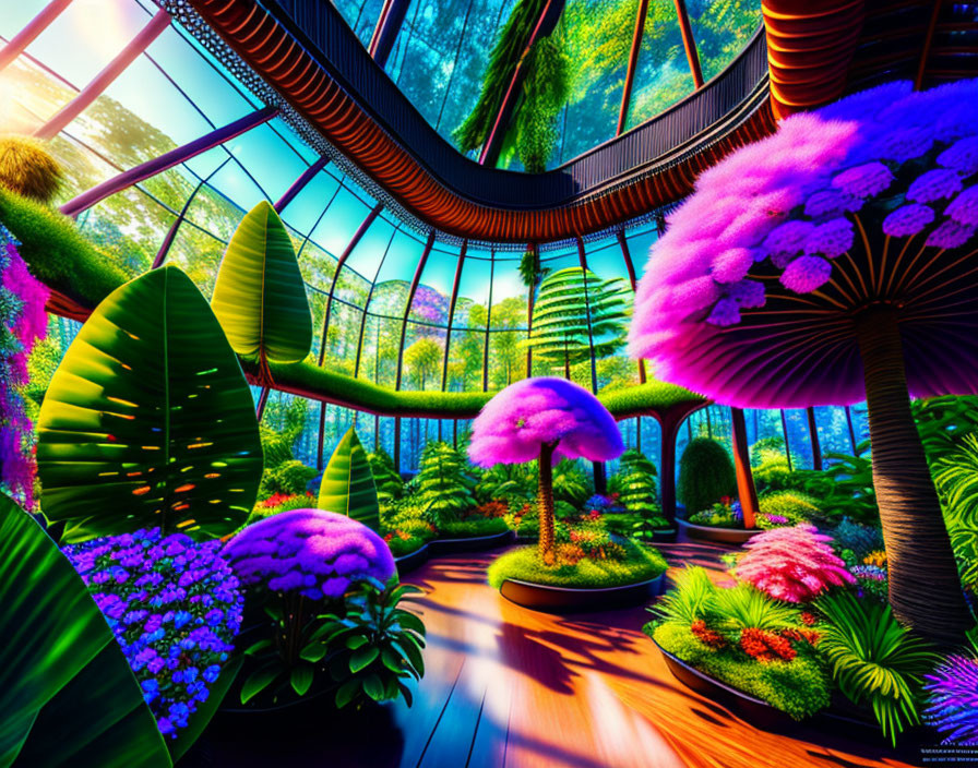 Colorful Indoor Garden with Tropical Leaves and Purple Trees in Futuristic Glass Dome