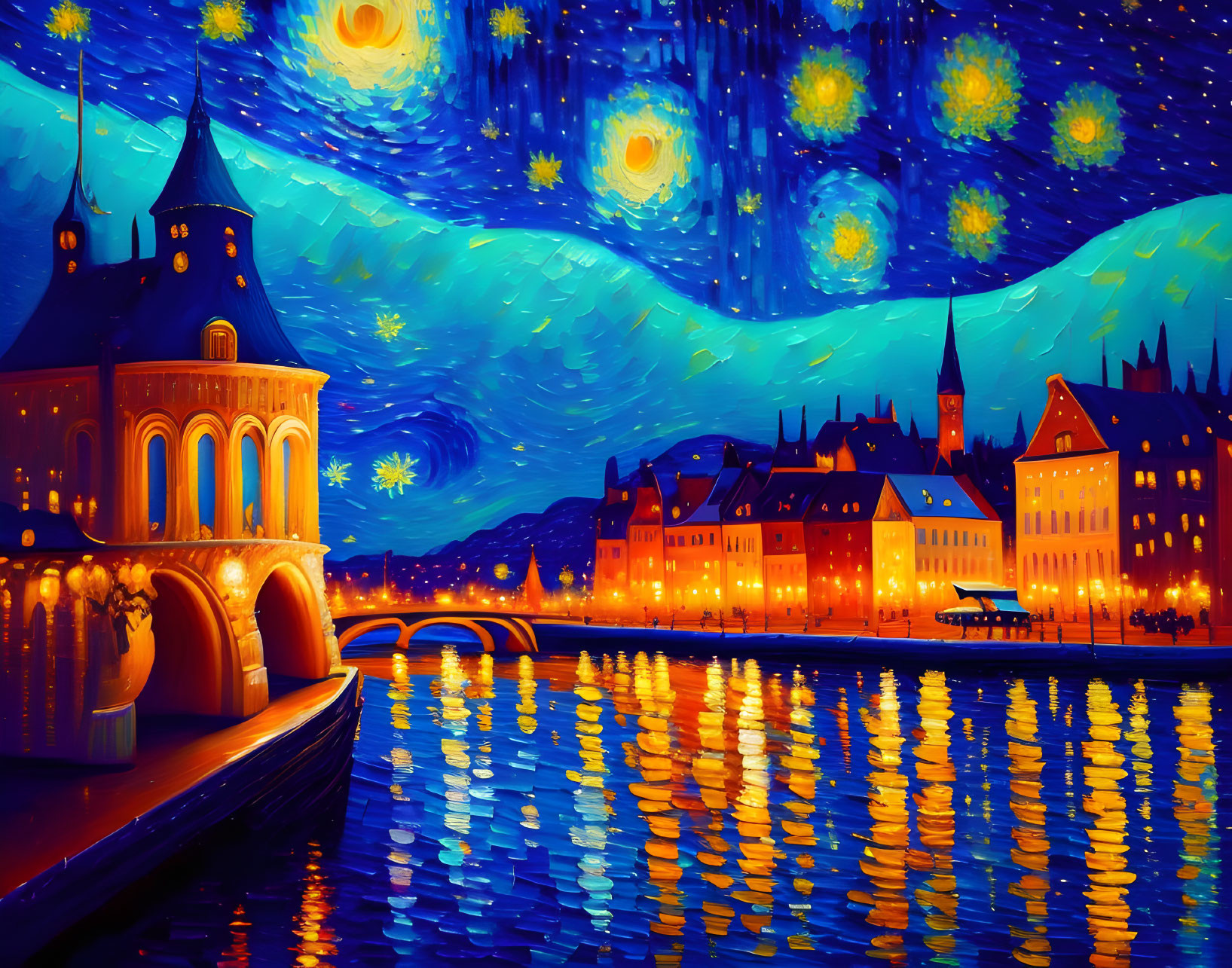 Starry night over riverside town with illuminated buildings