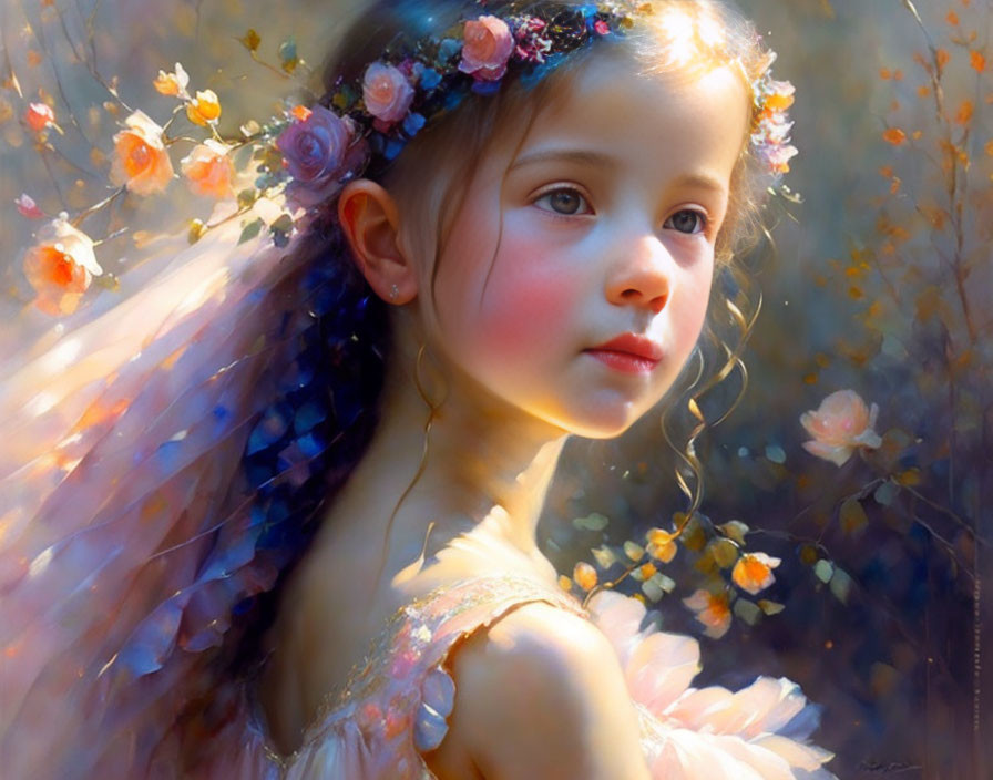 Young girl with floral crown and veil in dreamy expression among blooming flowers
