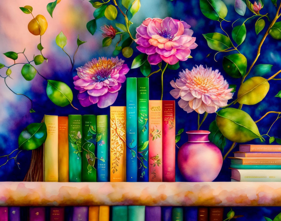 Colorful bookshelf painting with vibrant flowers and books in garden