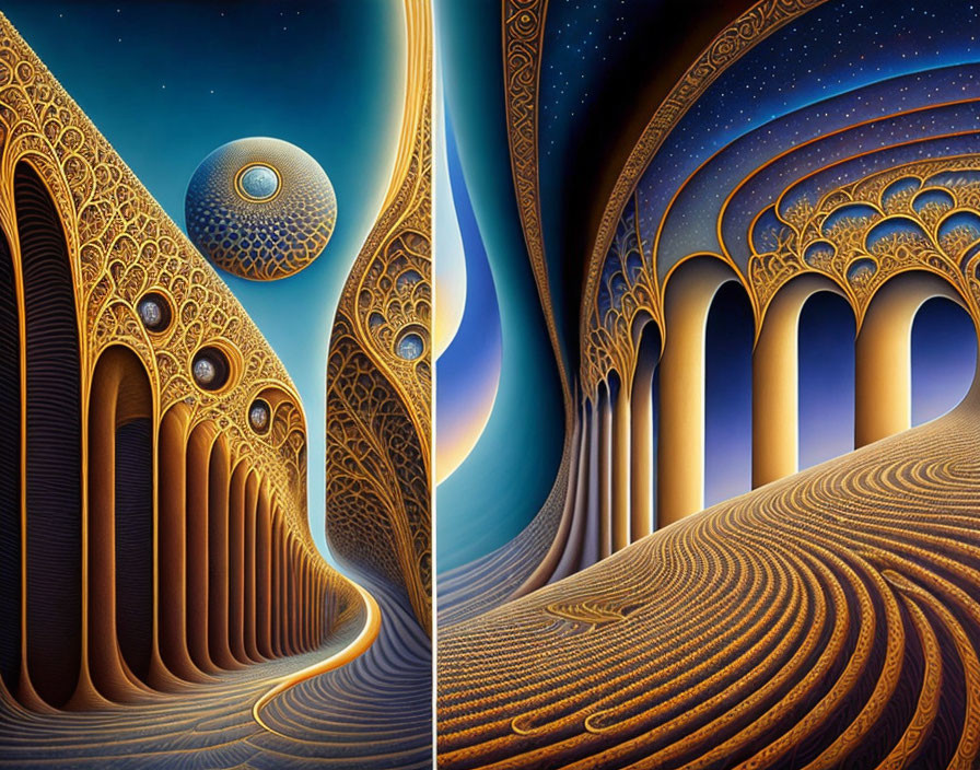 Intricate archways and patterned spheres in fantasy landscape