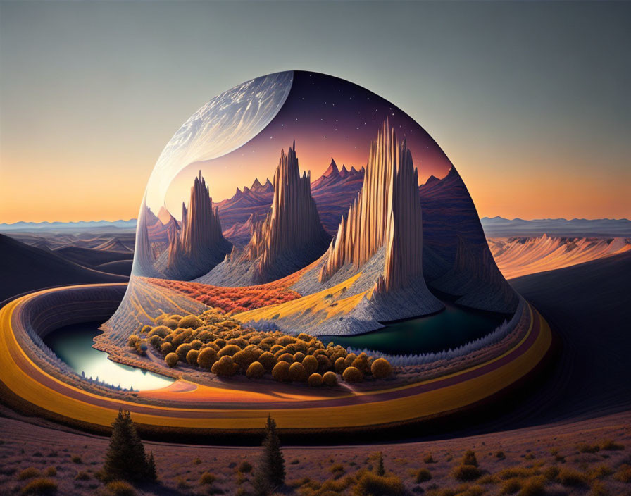 Surreal landscape featuring alien terrain, spiral road, trees, and twilight sky.