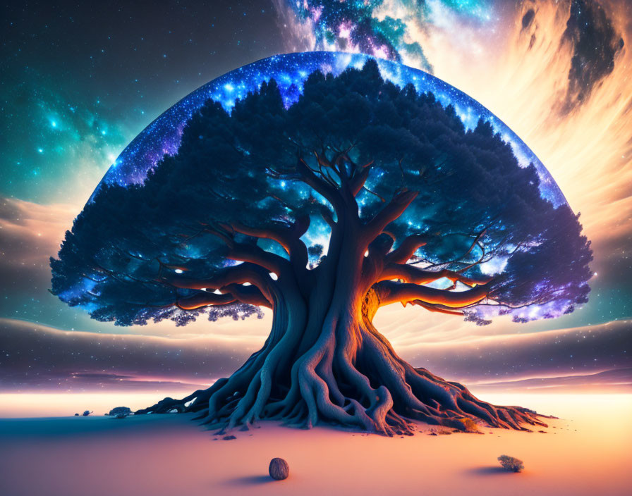 Enormous tree under cosmic sky in surreal sunset landscape