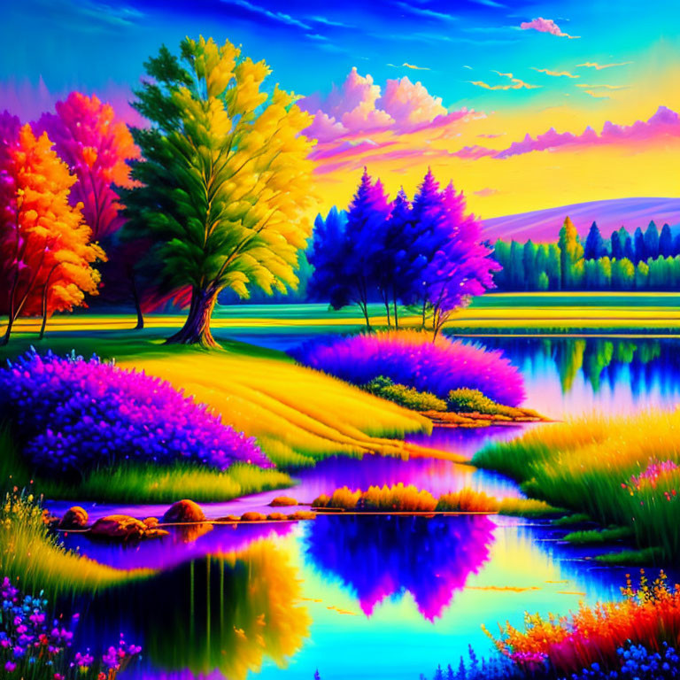 Colorful Trees, Calm Lake, Wildflowers, Sunset Sky