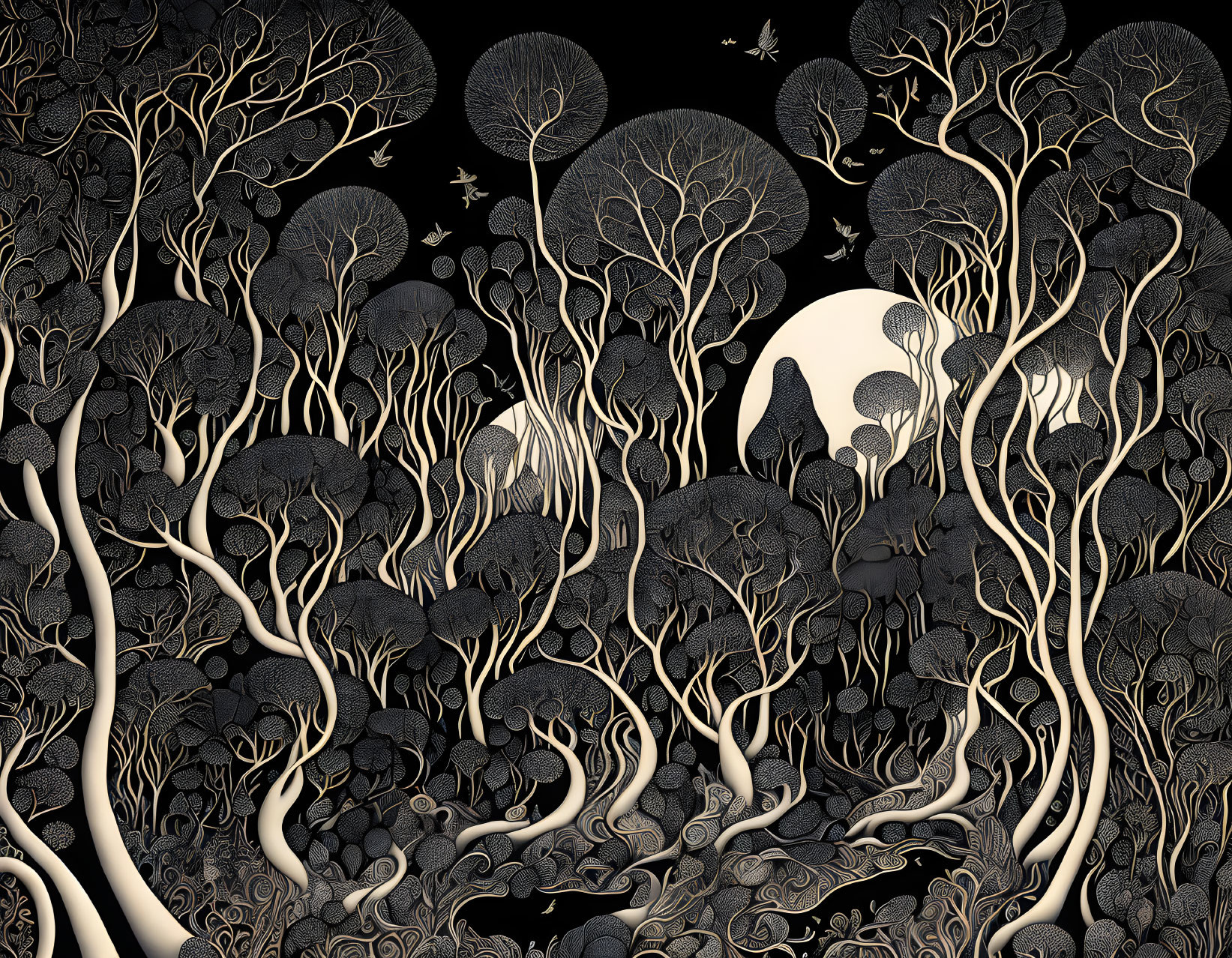 Fantasy black biomorphic forest scene.