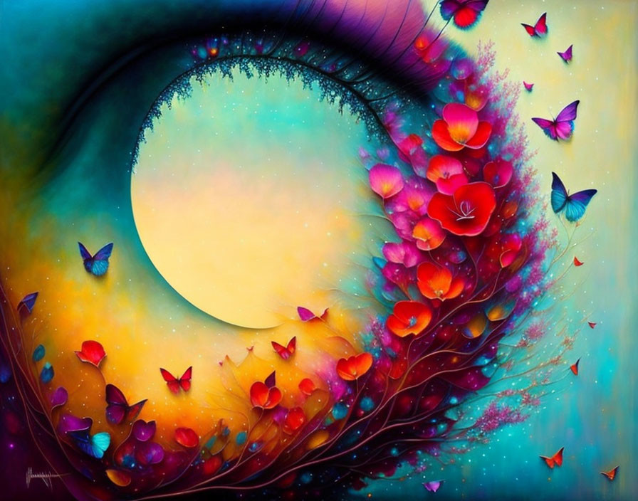 Colorful eye, flowers, butterflies, moon, and sky in vibrant artwork