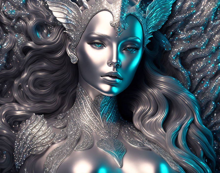Blue-skinned fantasy figure in silver headdress and sparkling attire on glittery backdrop