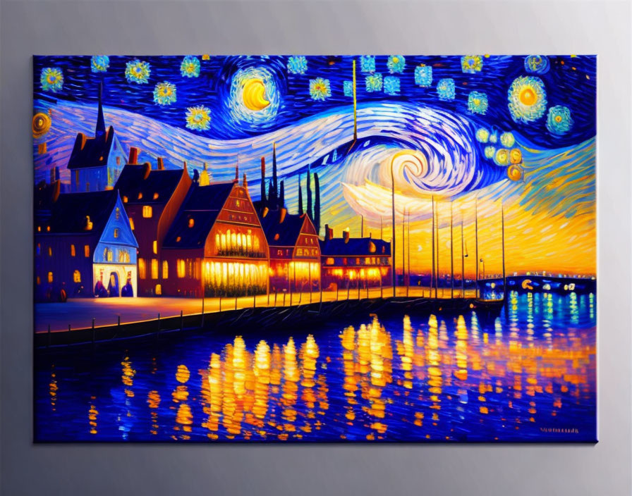 Cityscape at Night: Vibrant Painting with Starry Sky & Luminous Reflections