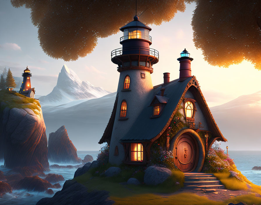Digital artwork of cozy lighthouse on cliff by serene sea at twilight