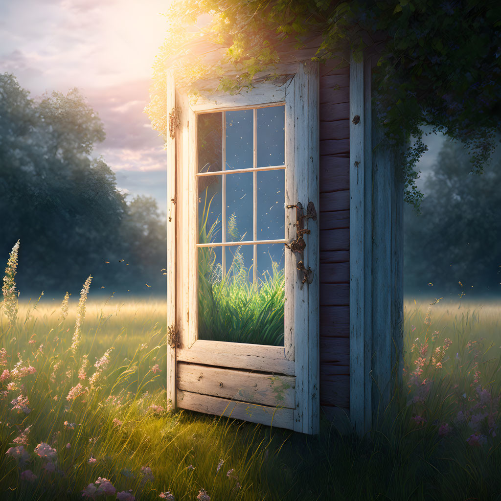 Rustic window overlooking tranquil meadow at sunset
