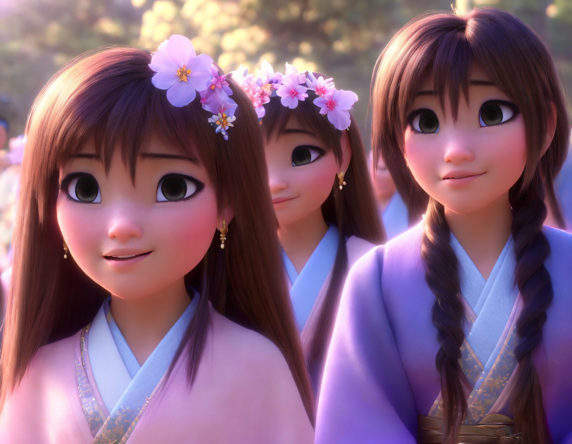 Three animated female characters in traditional purple attire with flowers in their hair smiling under sunlight