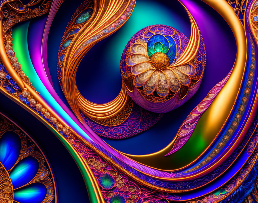 Intricate Digital Fractal Art: Swirling Peacock Feather Design