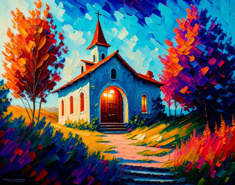 Colorful painting of quaint church with red door and stylized trees under blue sky