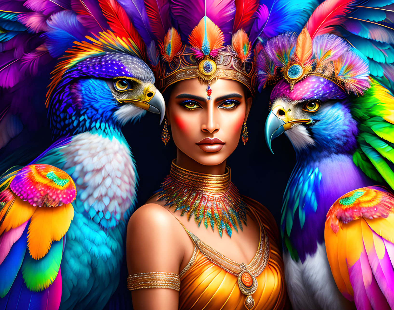 The queen of feathers with two beautiful colourful