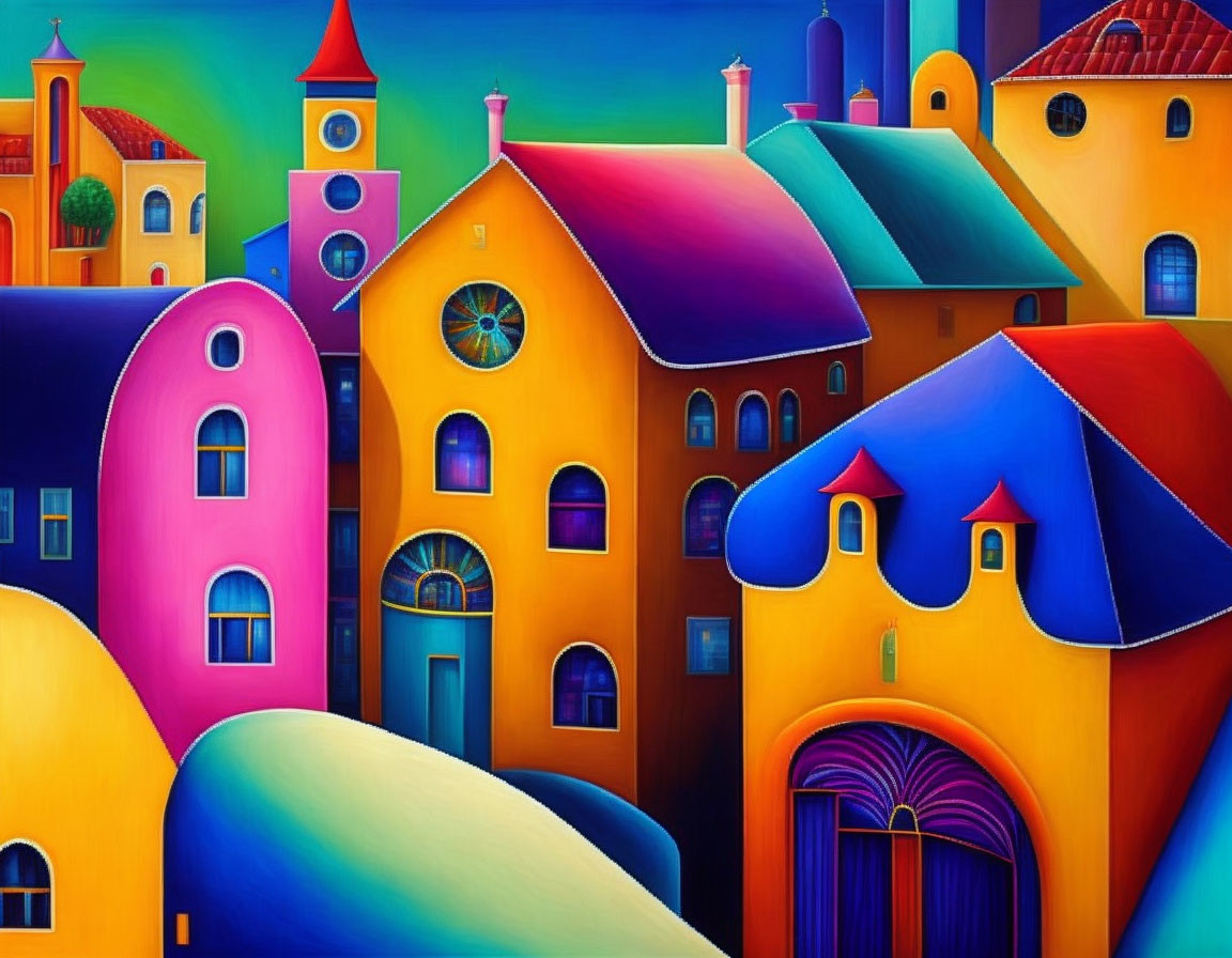 Colorful Stylized Painting of Whimsical Houses with Exaggerated Architectural Features