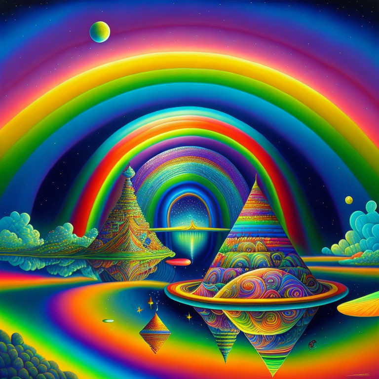 Colorful Psychedelic Artwork with Rainbow Arches and Celestial Bodies