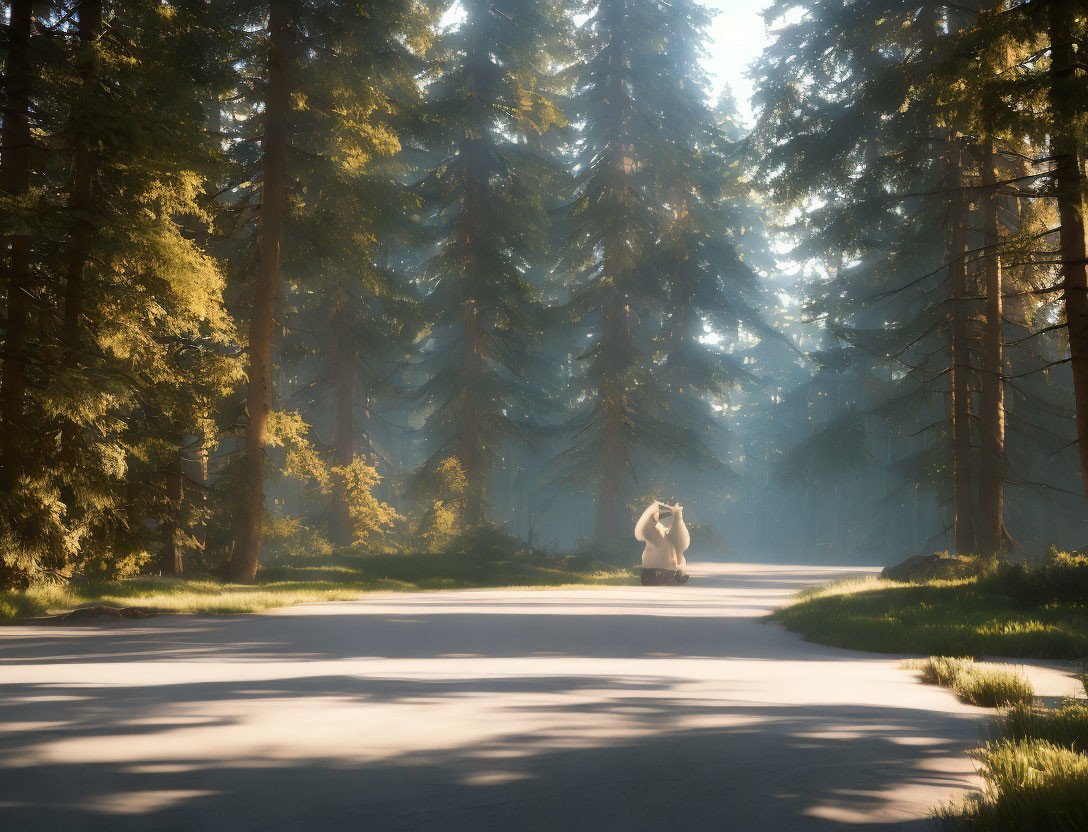 Forest sunlight filters, humanoid bear stands in serene scene