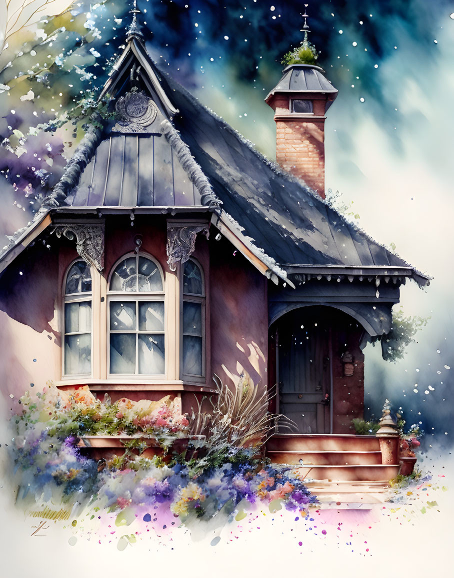 Detailed Watercolor Painting of Quaint House with Vibrant Flowers