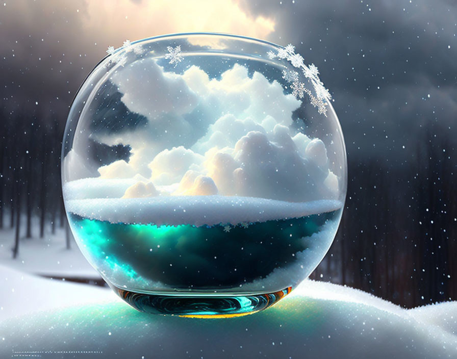 Miniature Winter Landscape in Glass Sphere on Snow-Covered Surface