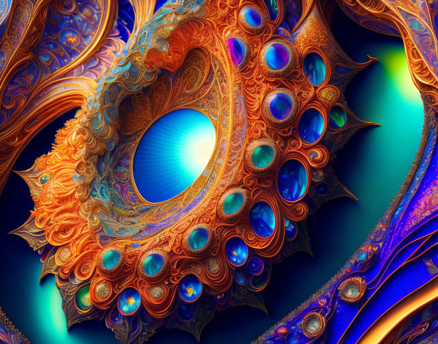 Intricate Blue and Orange Peacock Feather Fractal Art