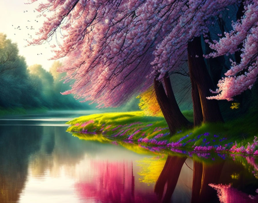 Tranquil lake with cherry blossoms reflection and lush greenery