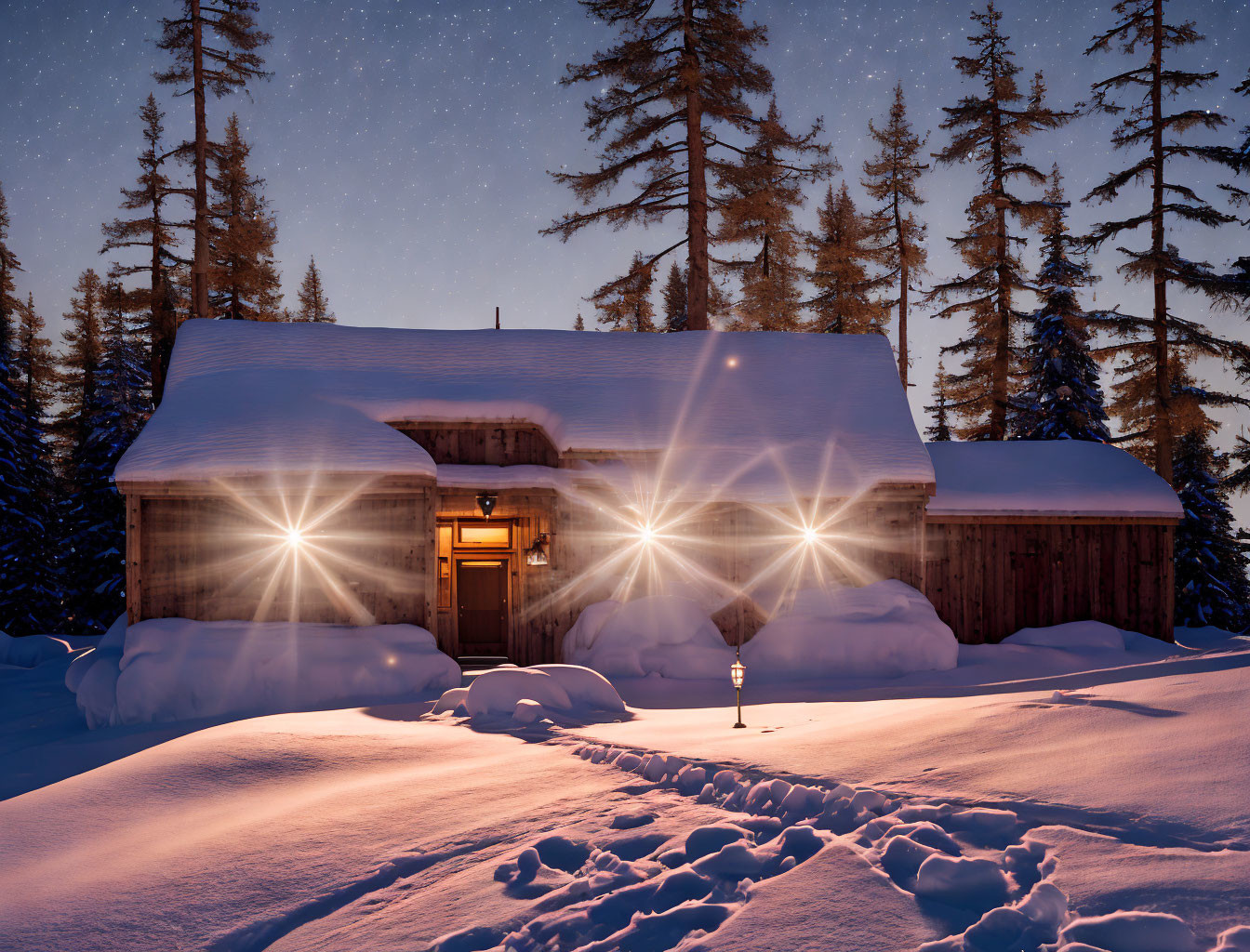 Snow-covered cabin at night with glowing windows in pine forest.