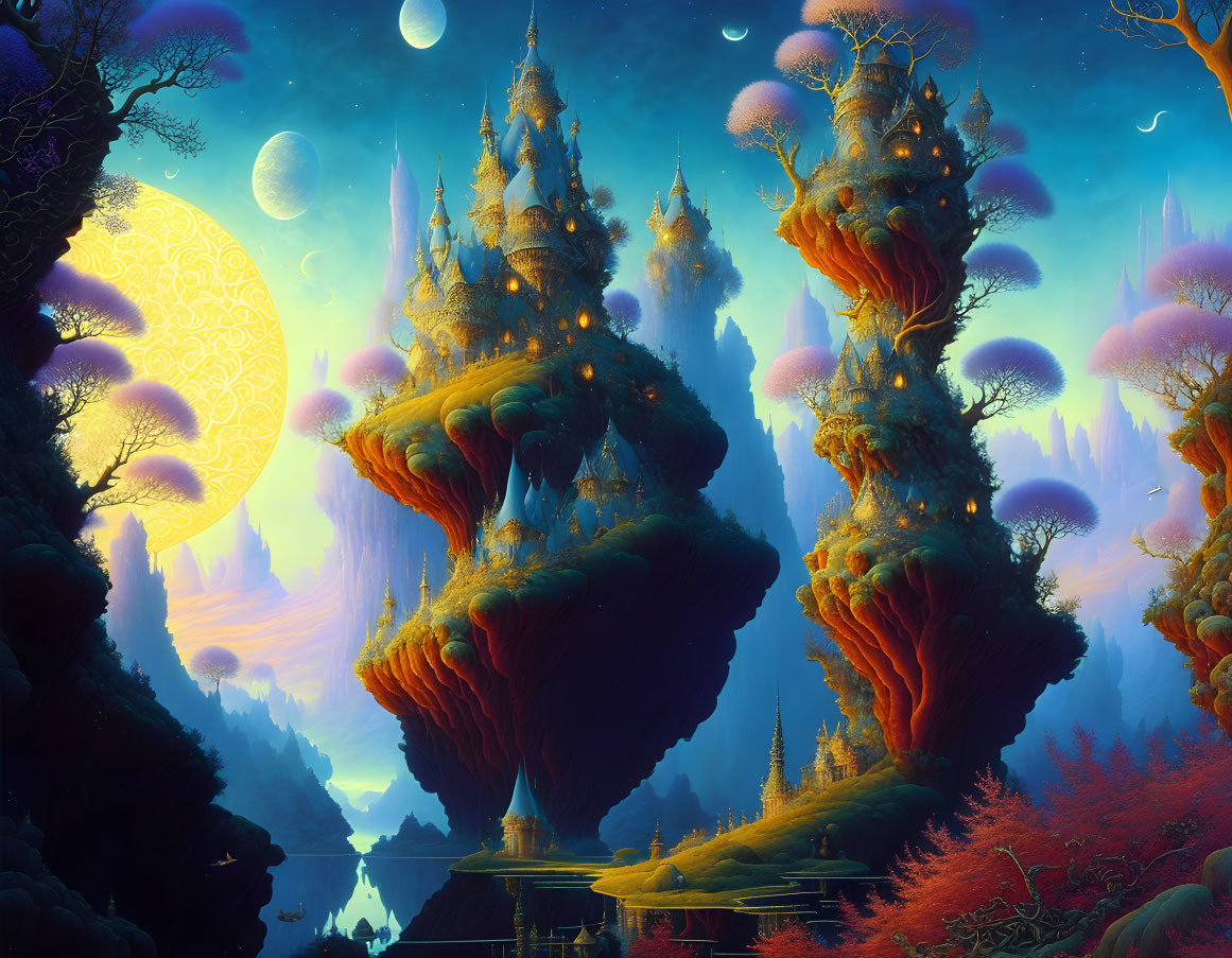 Fantastical landscape with floating islands, ethereal trees, castles, moons, stars, and