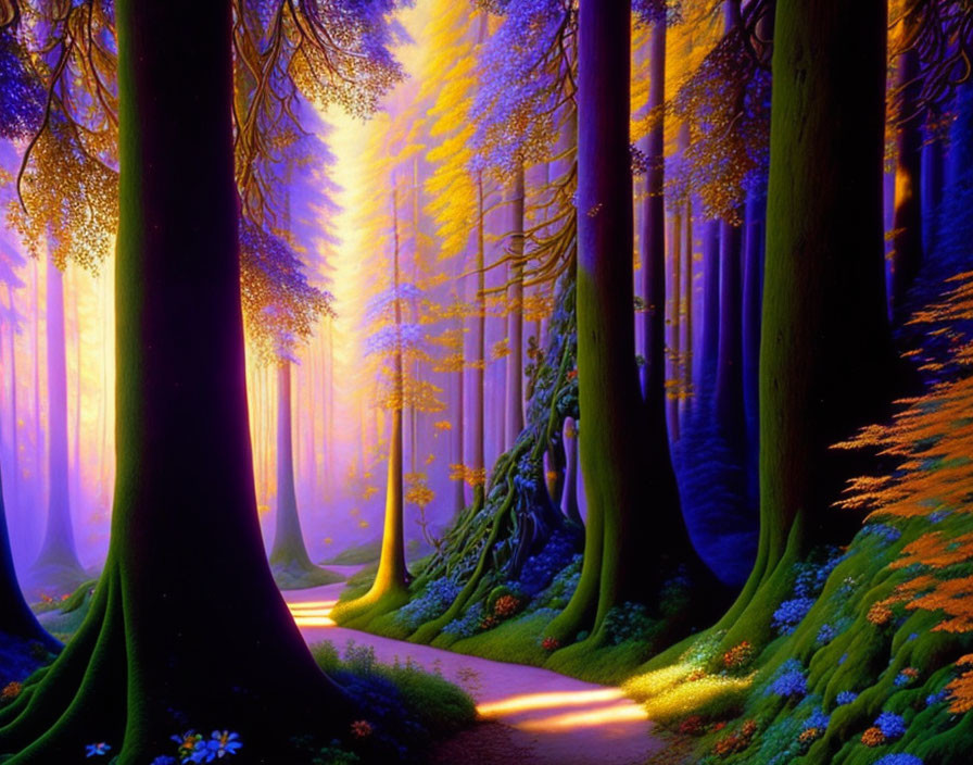 Mystical forest with tall trees and glowing pathway