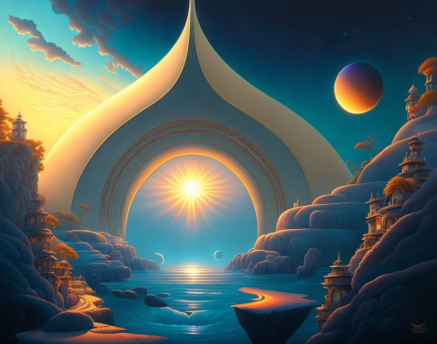 Fantastical landscape with arching structure and celestial bodies.