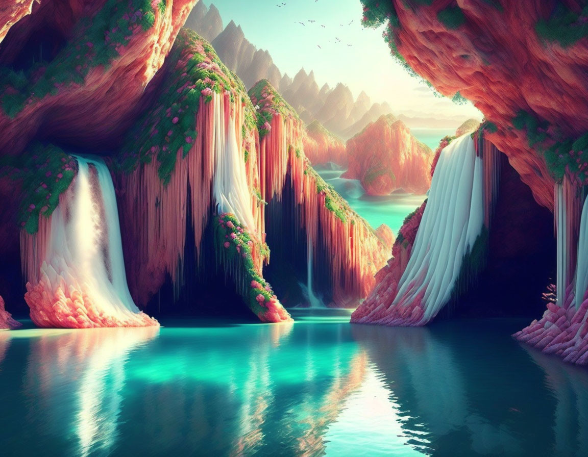 Ethereal landscape with pink cliffs, waterfalls, and turquoise lagoon