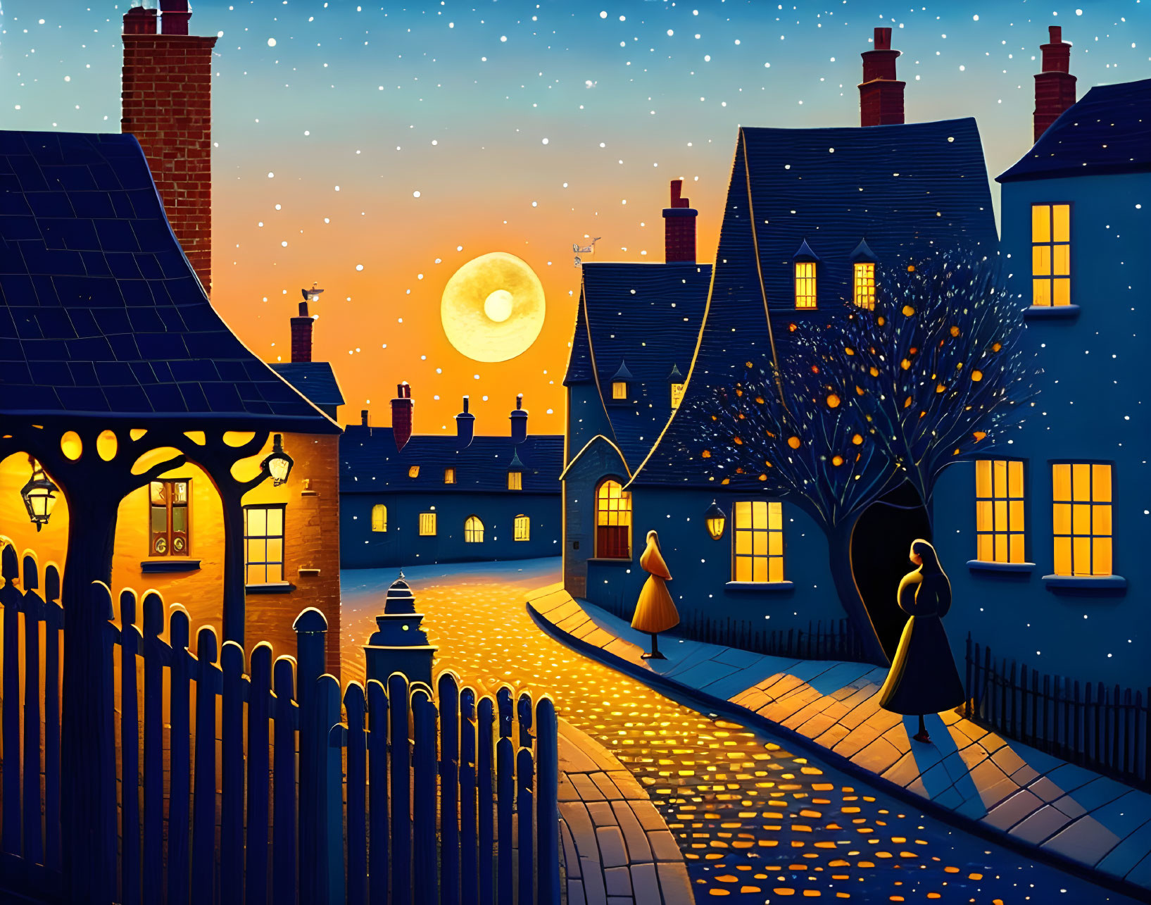 Quaint village night scene with silhouetted figures, full moon, and starry sky