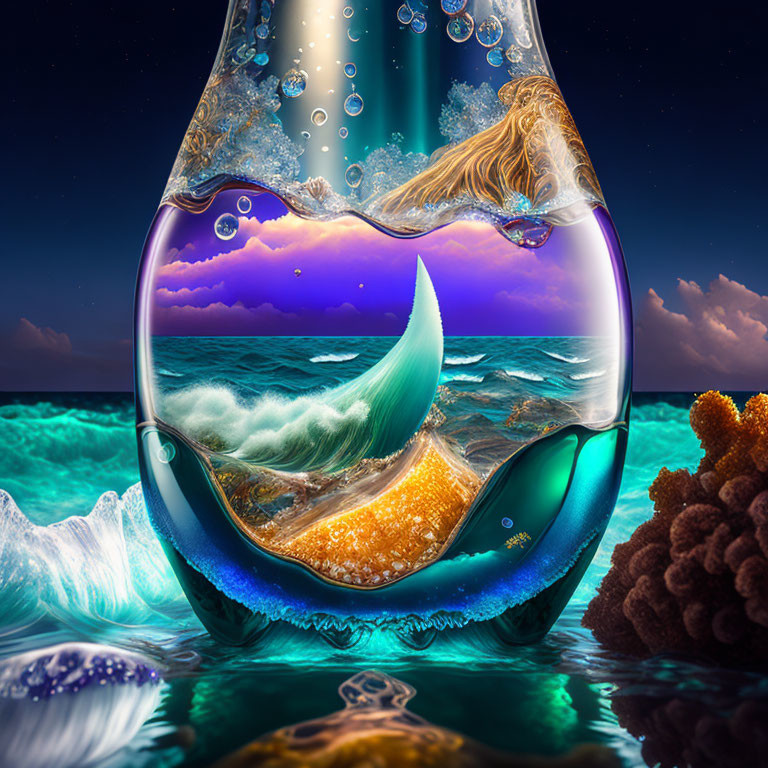 Glass Flask Ocean Scene Artwork with Shark Fin and Coral