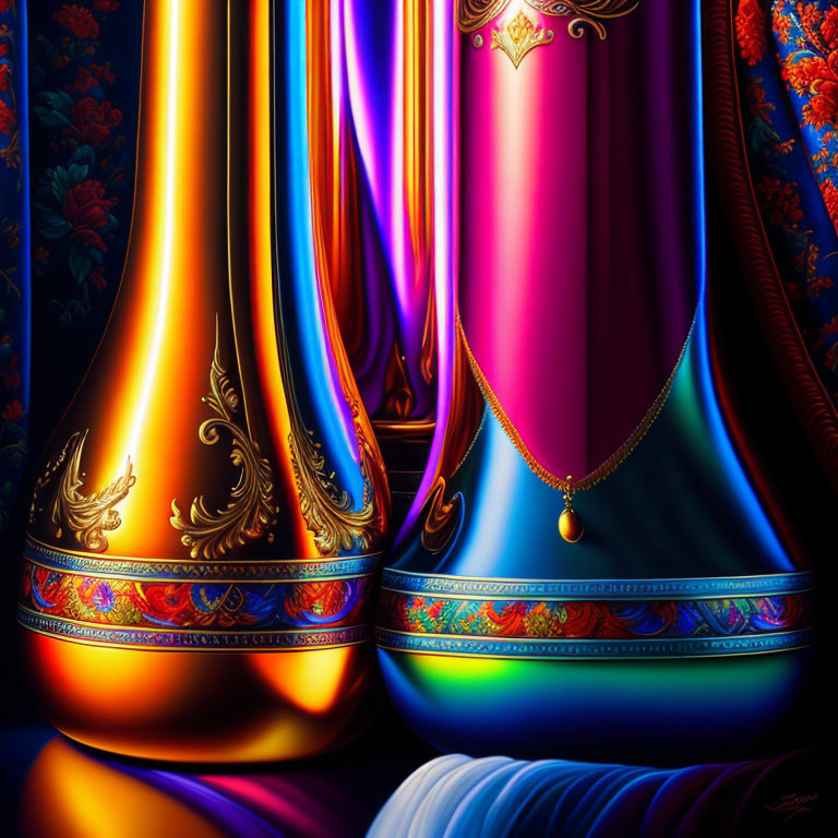 Colorful glossy vases with gold accents on textured blue background