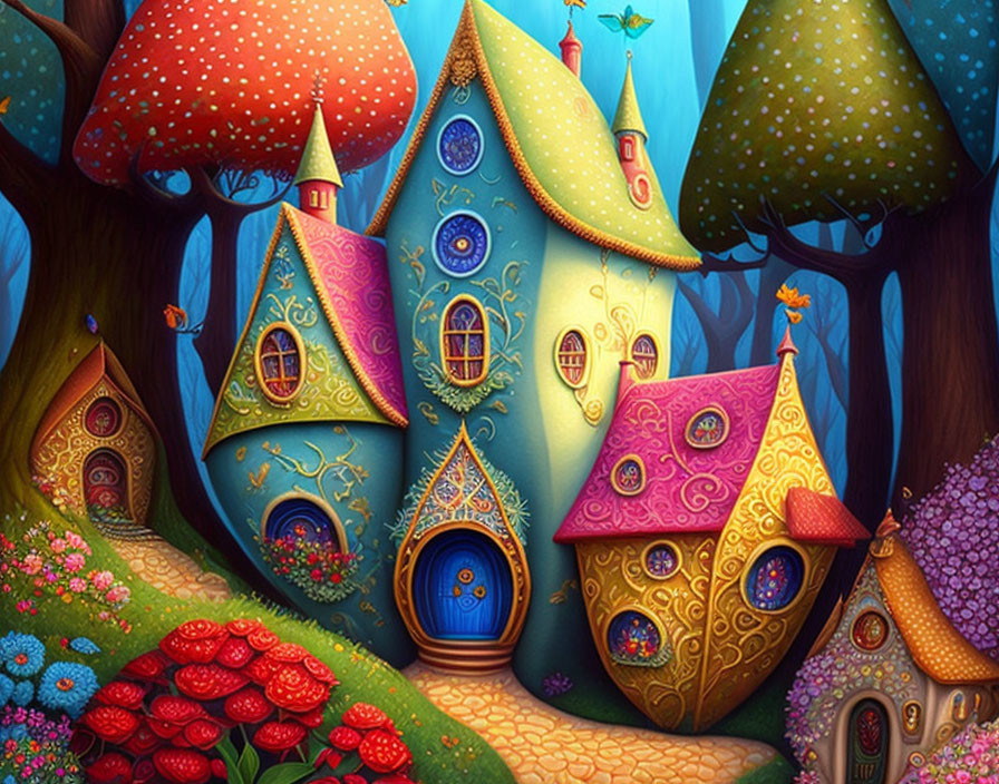 Vibrant Mushroom Houses with Intricate Details in Fantasy Forest