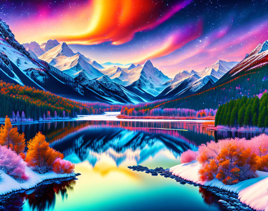 Scenic landscape with aurora, mountains, autumn trees, lake & starry sky