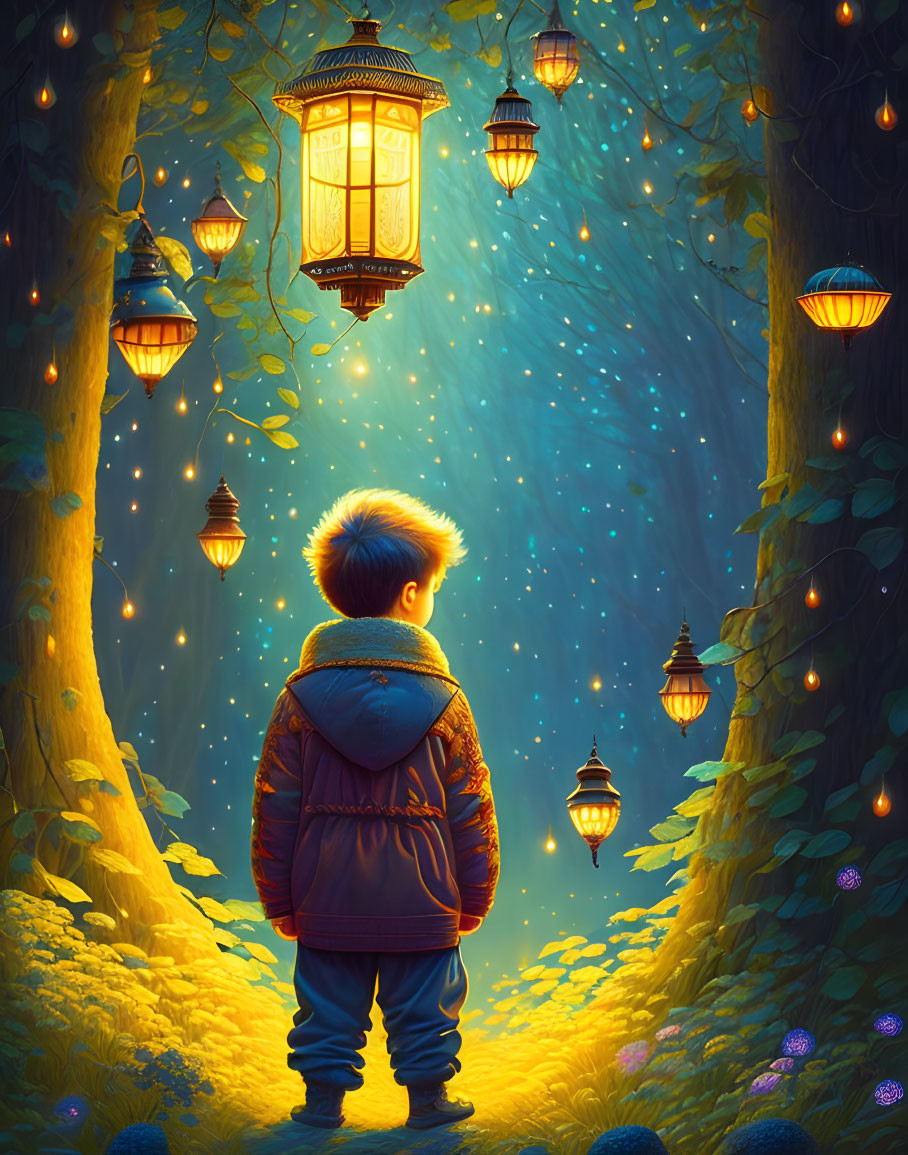 Child in mystical forest with glowing lanterns and magical light.