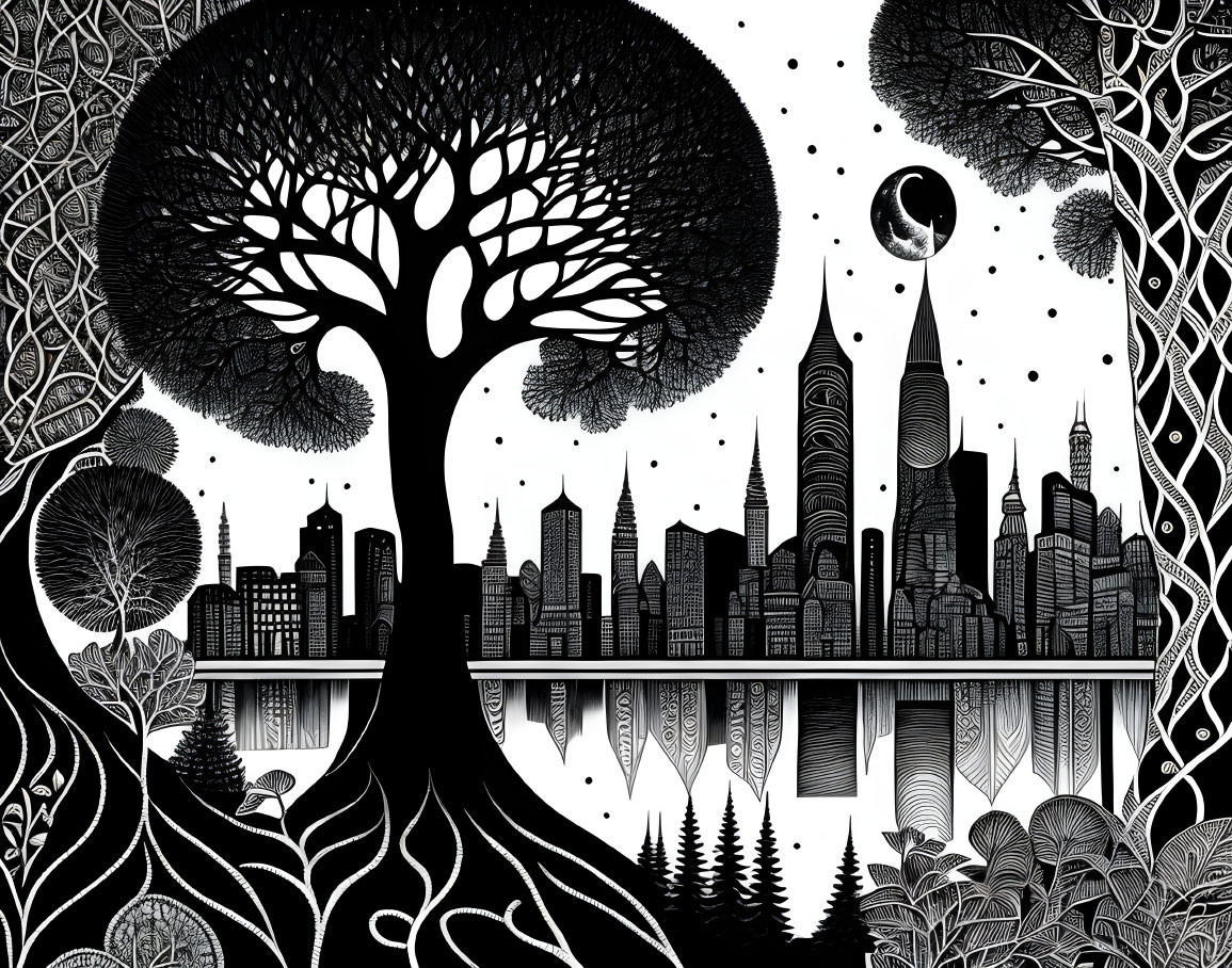 Detailed black and white illustration of stylized tree, intricate foliage, cityscape, skyscrapers,