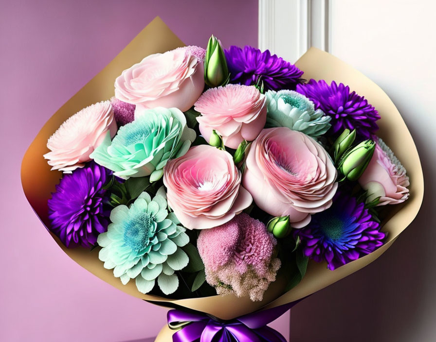 Colorful bouquet with pink roses and purple chrysanthemums in brown paper and purple ribbon