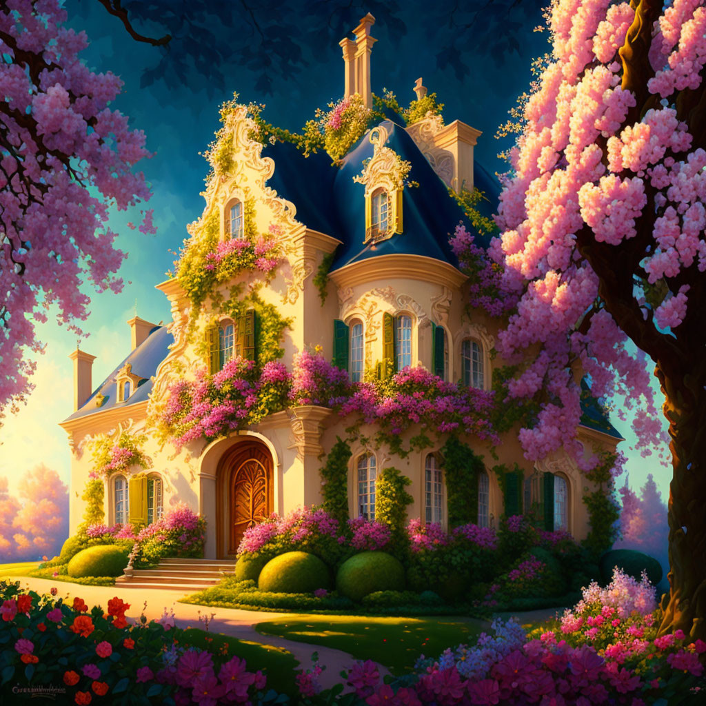 Chateau-Style House Surrounded by Flowering Trees at Evening